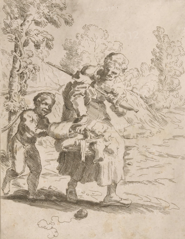 Old woman with a boy on a walk, print, Old woman, with a spinning wheel and two filled baskets, walks through a landscape with a boy. In the foreground lies a ball of wool., Italy, 1650 - 1749, printmaker, paper, etching, intaglio printmaking technique, etching with plate tone, height 246 mm x width 185 mm, landscapes, wool (material, textile industry), walking, distaff, A sepia-toned line drawing shows two figures walking near a body of water with trees and foliage in the background; the figure on the right appears taller, wearing a dress-like garment and a hat, holding a long stick and a bundle of cloth or objects in front, while the figure on the left is smaller, dressed in trousers and a shirt, reaching toward the bundle with one hand and smiling, with visible facial features and short hair; the ground beneath them is uneven with some sketched stones and a round object, and stylized clouds and leafy trees fill the upper and side areas of the scene.