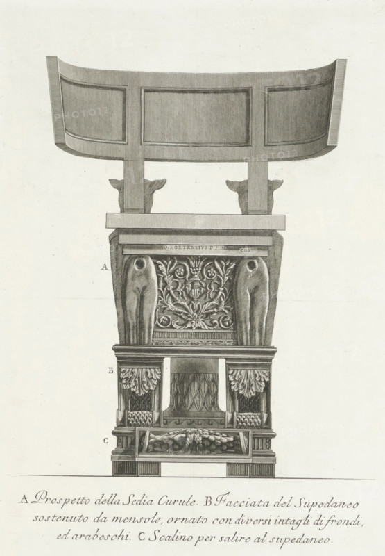 Official seat, Vases, candlesticks, gravestones, sarcophagi, tripods, lamps and ornaments designed and engraved by Giovanni Battista Piranesi, Vasi, candelabri, cippi, sarcofagi, tripodi, lucerne, ed ornamenti antichi disegn. ed incisi dal cav. Gio. Batta Piranesi, print, Sheet with two depictions of an ornamental chair (official seat) with dogs as legs. Two front views of the same chair. Left: a footstool stands in front of the chair. Below both images an explanatory list with letters., printmaker: Giovanni Battista Piranesi, Rome, 1778, paper, etching, print of two plates on an uncut sheet, height 390 mm x width 260 mm x height 390 mm x width 257 mm, The 'Vasi' series comprises 110 prints, distributed over two volumes, each with its own title print. Piranesi was assisted for this series by various assistants from his workshop, including his son Francesco, who also added 8 plates to the series in 1779-1780., chair, A detailed grayscale architectural engraving of an ornate chair and pe...