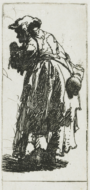 Old beggar woman with a gourd, Beggar Woman with a Gourd, print, printmaker: Rembrandt van Rijn, c. 1629, paper, etching, height 103 mm x width 46 mm, A black ink sketch on a pale background showing a woman standing and leaning slightly forward, dressed in a long, full skirt and a fitted bodice with puffed sleeves, her head turned down and partly covered by a hat with a brim and a decorative element, one arm bent across her chest and the other hanging down holding a round object with a strap, the skirt and clothing rendered with dense, hatched strokes creating dark textured areas, with faint border lines framing the composition.