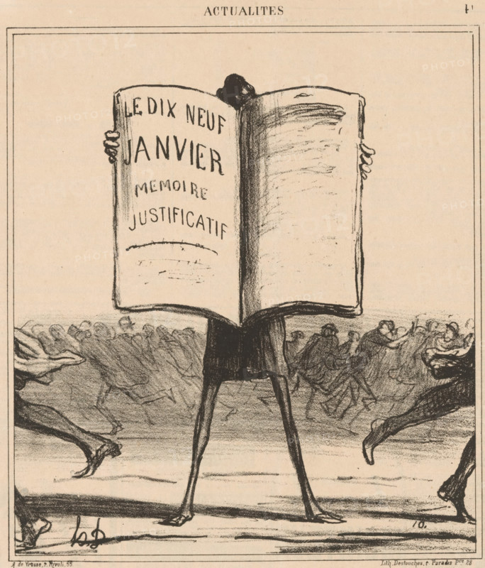 Electeurs, dans mes bras!, Caricature of the politician Émile Ollivier, Current affairs, Actualités, cartoon, printmaker: Honoré Daumier, Paris, printer (person): Destouches, publisher: Arnauld de Vresse, 1869, printer (person), paper, lithography, height 292 mm x width 248 mm, Print used for: Le Charivari, March 10, 1869., Person, Émile Ollivier, historical persons, political caricatures and satires, caricatures (human types), A tall figure with long thin legs stands center holding a large open book that obscures its upper body; only the top of a head and hands gripping the book edges are visible. The book's left page shows bold hand-drawn lettering while the right page is shaded with sketchy horizontal strokes. Around the central figure are many loosely sketched smaller figures and contorted limbs, suggesting movement or a crowd, rendered in rough charcoal-like lines on a pale background. The image is framed by a thin double border and has an even, slightly textured paper tone.