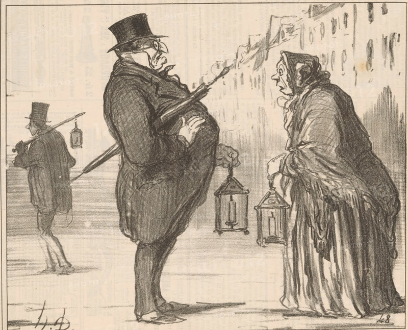 The essential precaution Parisians take when leaving their homes, Monsieur Prudhomme and an old woman with a lantern and umbrella, Current Affairs, cartoon, Series number, 385, printmaker: Honoré Daumier, Paris, printer (person): Destouches, publisher: Martinet, 1857, printer (person), paper, lithography, height 248 mm x width 271 mm, Print used for: Le Charivari, April 10, 1857. Monsieur Prudhomme is an emblematic, caricatural figure in French literature. The stout, not-too-bright, conformist, and sentimental character represents the bourgeois Parisian., caricatures (human types), lantern, A charcoal sketch of two figures facing each other on a street, one a heavyset man in a top hat and coat holding an umbrella and a lantern, the other a hunched woman wearing a hooded shawl and carrying a lantern, with a third smaller figure in the background also wearing a top hat and carrying a stick and lantern; buildings and indistinct architectural shapes form a faint backdrop and the ground sho...