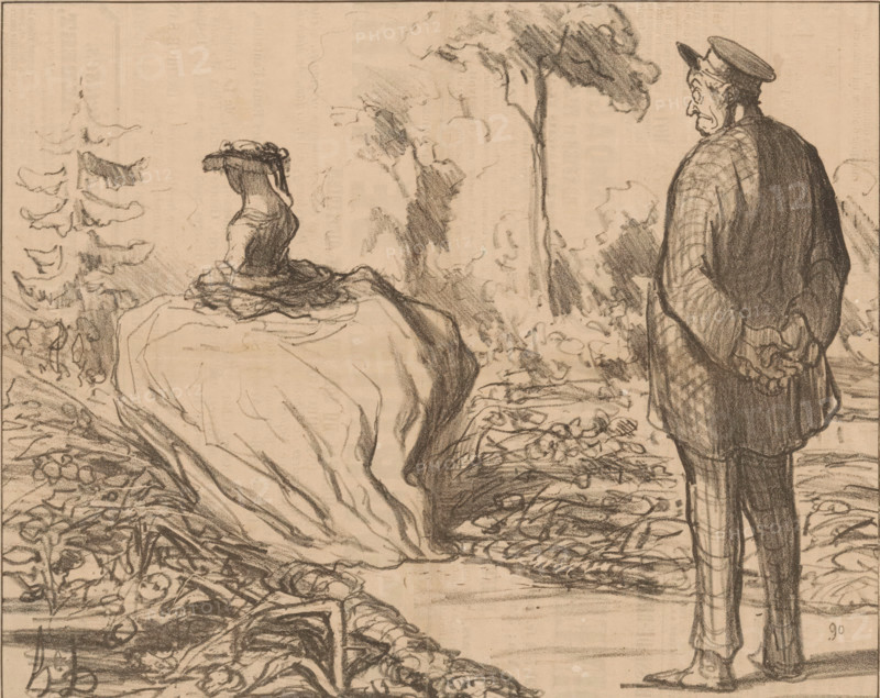 I would just as happily see a hurricane walking in my garden, Man sees woman with hoop skirt walking through his garden, Current affairs, cartoon, Series number, 431, The man would rather see a hurricane go through his garden than one of those 'cursed' crinolines (hoop skirts)., printmaker: Honoré Daumier, Paris, printer (person): Destouches, publisher: Martinet, 1857, printer (person), paper, lithography, height 242 mm x width 279 mm, Print used for: Le Charivari, August 29, 1857., garden, caricatures (human types), skirt, A charcoal drawing of an outdoor scene showing a woman seated on a large draped rock wearing a wide-brimmed hat and a full skirt, her back and profile visible, and a man standing nearby with hands clasped behind his back wearing a cap and a long coat; surrounding them are trees and foliage sketched with loose strokes, rocky ground and scattered plants, and textured shading throughout the composition.