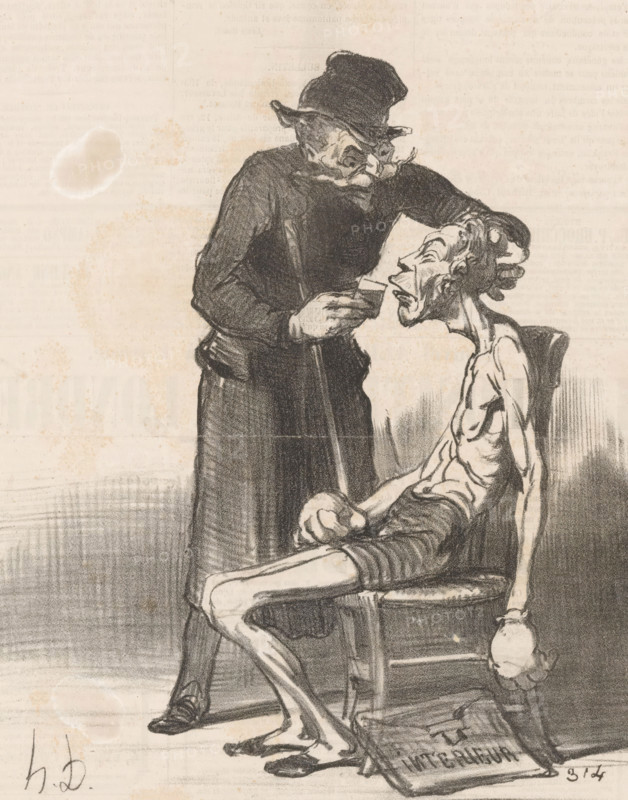 Caricature of the politician Léon Faucher as a defeated wrestler, Un lutteur malheureux, Currentities, cartoon, Series number, 184, Ratapoil gives Faucher a drink to help him recover., printmaker: Honoré Daumier, Paris, printer (person): Charles Prudent Trinocq, publisher: Aubert & Cie., 1851, printer (person), paper, lithography, height 323 mm x width 230 mm, Print used for: Le Charivari, May 18, 1852. In Daumier's oeuvre, Ratapoil is a cunning supporter of militarism, and a proponent of the rehabilitation of the Napoleonic Empire., Person, Léon Faucher, historical persons, political caricatures and satires, caricatures (human types), A sketch in muted tones shows a thin seated figure with visible ribs and emaciated limbs slumped in a chair, head tilted back and mouth open, while a standing figure leans over holding the seated figure’s head with one hand and a small rectangular object near the seated mouth with the other; the standing figure wears a dark robe and a hat with a turned b...