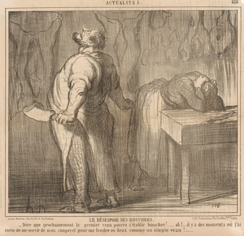 The despair of the butchers, Butcher and his wife complain, Current events, cartoon, Series number, 458, printmaker: Honoré Daumier, Paris, printer (person): Destouches, publisher: Martinet, 1857, printer (person), paper, lithography, height 254 mm x width 268 mm, Print used for: Le Charivari, November 21, 1857., butcher, slaughterman, political caricatures and satires, caricatures (human types), A monochrome drawing of an interior scene showing a standing man in the foreground viewed from behind and slightly in profile, with his head tilted back and his gaze directed upward, wearing a long loose garment with rolled sleeves and patterned leggings, one hand clenching a large cleaver held down by his side; to the right a second figure slumped forward over a table with head buried in folded arms, shoulders hunched and clothing wrinkled; the room has textured, shaded walls with hanging indistinct shapes and a shadowed corner, and the table shows simple legs and a flat top; the overall imag...