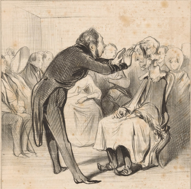 Robert Macaire magnetizes Bertrand, disguised as an old woman, Robert Macaire magnetizer, Caricatures, Caricaturana, cartoon, Series number, 88, 100, printmaker: Honoré Daumier, printmaker: Charles Philipon, printer (person): Aubert & Cie., Paris, 1838, printer (person), paper, lithography, letterpress printing, lithography with text in letterpress on verso, height 287 mm x width 247 mm, Print possibly from: Le Charivari, August 26, 1838., disguise, magic healings, A pencil or charcoal drawing of a crowded interior scene showing a man leaning forward with both hands raised toward the face of a seated woman; the man wears a dark textured coat and sideburns, and his posture is animated, while the seated woman appears older with a bonnet and layered dress and holds her hands near her face; other seated figures surround them, some with bonnets and shawls and one youthful face looking over the man’s shoulder; the room has simple vertical wall lines and a plain floor, and the drawing shows v...