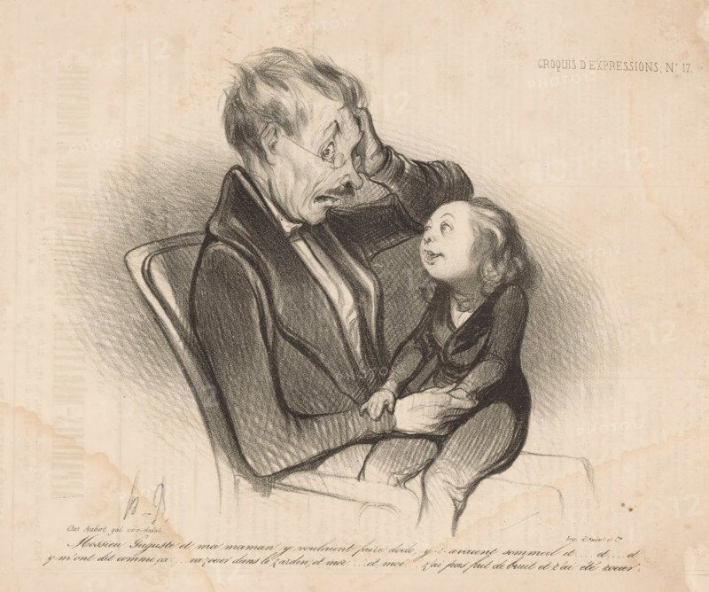 Child reveals his mother's secrets to his father, Facial expressions, Croquis d'expressions, cartoon, Series number, 17, 100, printmaker: Honoré Daumier, printer (person): Aubert & Cie., Paris, 1838, printer (person), paper, lithography, letterpress printing, lithography with text in letterpress on verso, height 248 mm x width 350 mm, A charcoal or pencil sketch on aged paper shows an older man seated in a chair holding a small child on his lap; the man has thin hair, round spectacles, an open mouth, and one hand raised to his forehead while the other supports the child, and he wears a dark coat and vest. The child looks up at the man with wide eyes and slightly parted lips, wearing a dark dress and stockings, with curly hair falling around the face and hands resting on the man’s arm. The background is lightly shaded with visible paper texture and some stains at the edges.