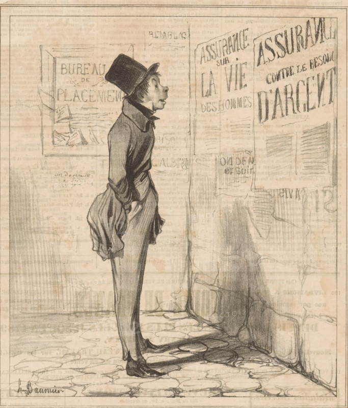 Young man reading insurance posters, Le Gobe-mouches, All kinds of creatures, Course of Natural History, cartoon, Series number, 5, 12, The insurance companies are compared to flycatchers., printmaker: Honoré Daumier, printer (person):, Paris, publisher: Dupin, 1837, printer (person), paper, lithography, letterpress printing, lithography with text in letterpress on verso, height 341 mm x width 232 mm, Print possibly from: Le Charivari, December 11, 1837., poster, insurance, caricatures (human types), A tall, thin man in a dark coat and top hat stands in profile facing a wall covered with large posters; his hands are behind his back and he holds a folded umbrella. The drawing shows his elongated legs, polished shoes on a cobblestone street, and a pronounced shadow cast on the postered wall. The posters are sketched with bold block lettering and rough rectangular shapes, and a framed window with papers is visible behind the man. The scene is rendered in soft pencil and charcoal tones on ...