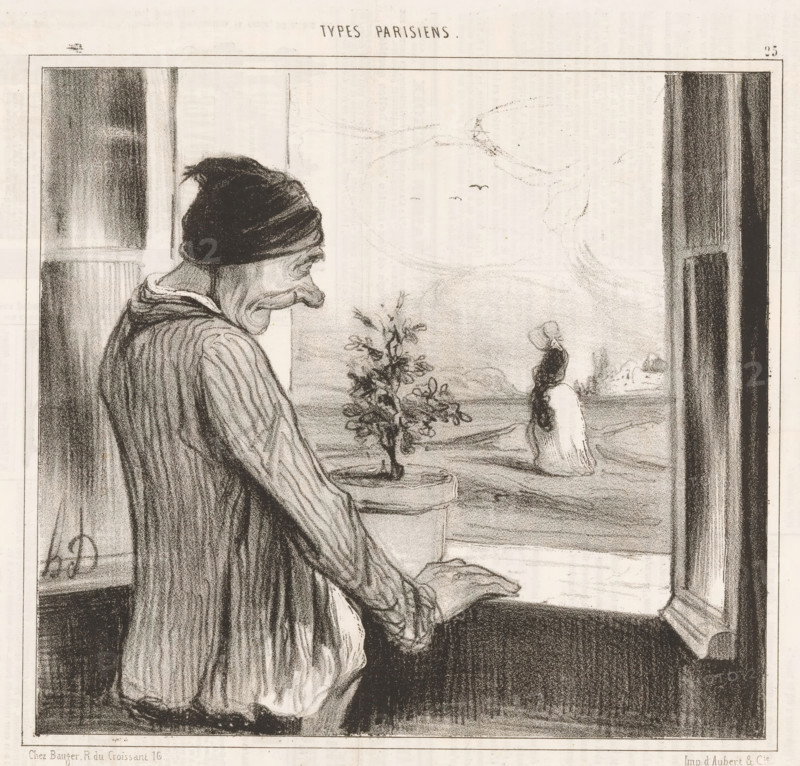 Regrets, Old man sees woman through open window, Parisian types, Types Parisiens, cartoon, Series number, 25, 50, printmaker: Honoré Daumier, printer (person): Aubert & Cie., Paris, publisher: Bauger, 1842, printer (person), paper, lithography, letterpress printing, lithography with letterpress text on verso, height 247 mm x width 340 mm, A monochrome drawing shows an older person leaning at a window, viewed from behind and in profile, wearing a dark cap and a striped garment with a loose white underskirt, one hand resting on the windowsill; outside the window a small tree sits on a low surface and a figure in a long dress stands facing away toward a distant landscape, while the interior framing includes heavy dark curtains and visible window panes.