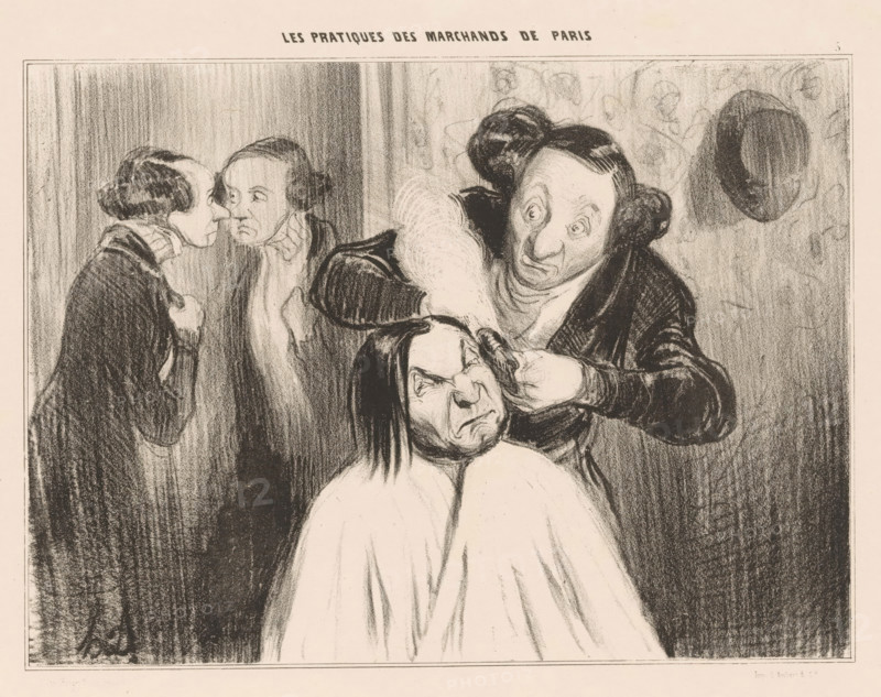 Woman gets curls at the wigmaker, Un coup de feu!, Practices of Parisian merchants, Les pratiques des marchands de Paris, cartoon, Series number, 5, 6, printmaker: Honoré Daumier, Paris, printer (person): Aubert & Cie., publisher: Bauger, 1839, printer (person), paper, lithography, lithografie, height 268 mm x width 343 mm, Print used for: La Caricature (2nd series) no. 52, October 27, and for: Le Charivari, August 1, 1842. This state was used for La Caricature., caricatures (human types), hairdress, wigmaker, 'perruquier', A charcoal drawing of four people in an interior scene, with two figures on the left standing close together and watching; a woman on the right with her hair in buns leans forward and holds a comb or blade near the head of a seated person whose hair is being cut or removed, the seated person wearing a draped cloth and showing a grimacing expression; a hat hangs on the wall behind them, and the background shows shaded vertical and textured patterns.