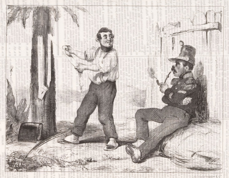 Two soldiers have a chat., Constantine, cartoon, A French soldier has a chat with his sergeant while polishing his uniform, just before the French army enters the city of Constantine in Algeria. He looks forward to the harem ladies., inscription: 'Tell me, sergeant? Did you dry his pail on the Day of Constantine? A real Chackuka that they have made dance there. This is the story of the people in the ville, and this is the story of the famous ladies in the sea, which is the result of the sesque.', annotation: '201', stamp: 'Timbre Royal Seine 3 c.', printmaker: Victor Adam (possibly), France, printer (person): Caboche & Cie., Grégoire, Paris, 1837-11-06, printer (person), paper, lithography, letterpress printing, lithography with letterpress text on verso, height 238 mm x width 356 mm, A monochrome sketch shows two men outdoors beside a tree and a fence. One man stands barefoot wearing rolled sleeves and loose pants, holding a long object with both hands and looking toward the other man...