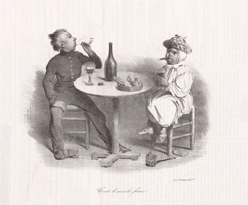 Tout le monde fume, Twee rokende kinderen, cartoon, Een pijprokend en een sigaarrokend kind, beide met een glas wijn., annotation: '290', printmaker: Victor Adam (possibly), France, printer (person): Aubert & Cie., Paris, 1838-10-10, printer (person), paper, lithography, letterpress printing, lithography with text in letterpress on verso, height 238 mm x width 356 mm, A grayscale drawing shows two seated children at a round table, one child on the left wearing a dark buttoned outfit and holding a long slender pipe to their mouth while a glass on a stem sits on the table near them, and the other child on the right wearing a light loose dress with a patterned cap and holding a short stubby cigar in their mouth and a cup in their hands; a tall bottle and a small dish with food are on the table, a broken pipe lies on the floor near the table base, and both children sit on simple wooden chairs against a plain background.