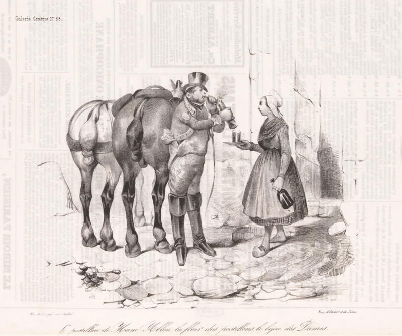 Mam's Postman Ablou, the flower of postmen, the jewel of ladies., Courier lights his pipe next to a horse, Comic events from everyday life, Comic gallery, cartoon, Series number, 68, A postman lights his pipe, while a peasant woman offers him wine., stamp: 'Timbre Royal Seine 3 c.', annotation: '225', printmaker: Victor Adam, France, printer (person): Aubert & Junca, Paris, publisher: Aubert & Cie., 1837-10-14, Victor Adam, Aubert & Junca, Aubert & Cie., printmaker, printer (person), publisher, paper, lithography, letterpress printing, lithography with text in letterpress on verso, height 242 mm x width 359 mm, A black and white drawing shows a man in a tall hat and coat standing beside a horse; the man is holding a bottle to his mouth and appears to be pouring or drinking from it while a small sack hangs from his side and reins loop over the horse; a young woman in a dress and headscarf stands facing him, holding a small tray with a cup in one hand and a bottle in the other; the scene...