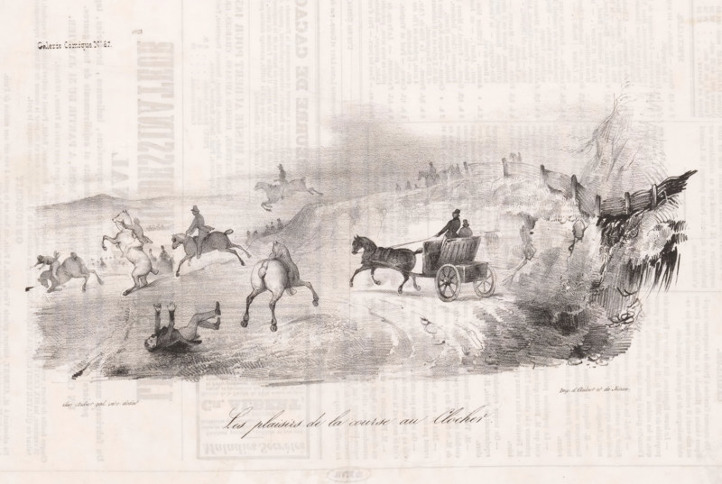The fun of the horse race, Horse race in the field, Comic events from everyday life, Comic gallery, cartoon, Series number, 67, Various riders participate in a horse race in the open field, in which one has fallen., stamp: 'Timbre Royal Seine 3 c.', annotation: '227', printmaker: Victor Adam, France, printer (person): Aubert & Junca, Paris, publisher: Aubert & Cie., 1837-10-11, printer (person), paper, lithography, letterpress printing, lithography with text in letterpress on verso, height 235 mm x width 349 mm, A wide pencil sketch on pale paper shows a rural scene with multiple horses and riders in motion across a hilly landscape; several horses rear or gallop while riders are thrown or struggle to stay mounted, and one rider lies on his back with arms raised on the ground. To the right a horse pulls a two-wheeled carriage driven by a seated coachman with a passenger, moving along a winding track that runs past a wooden fence and a steep embankment with vegetation. In the distant bac...