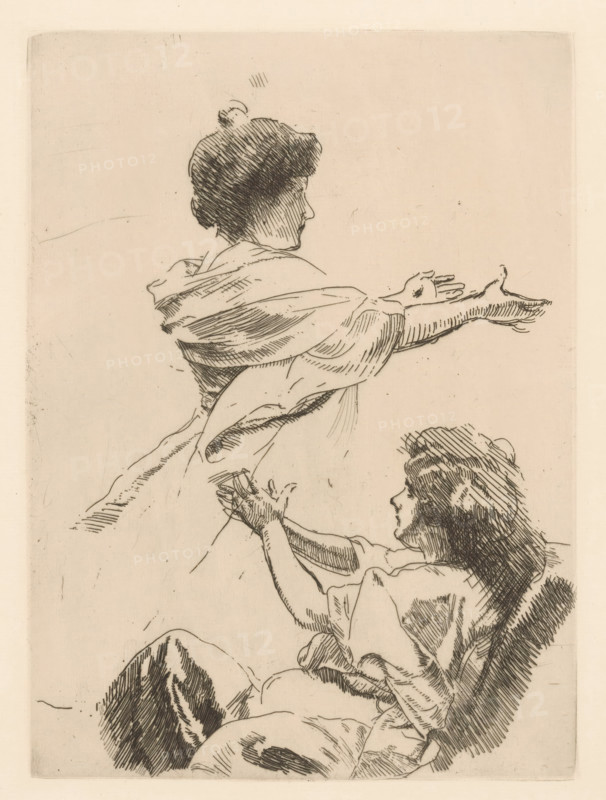 Study of two female figures with outstretched arms, print, Study for the painting L'ile heureuse., watermark, printmaker: Albert Besnard, France, in or before 1900, Albert Besnard, printmaker, paper, etching, drypoint, intaglio printmaking technique, height 272 mm x width 201 mm, adult woman, A sepia-toned etching showing two women in profile with visible crosshatch shading; the upper woman faces right with short dark hair and an outstretched arm and open hand, her loose garment draped across her shoulders and back; below her a second woman with long dark hair looks upward, her hands raised and fingers entwined with the other woman's, her sleeves rolled and clothing rendered with linear shading; the background is plain and the image edges show a faint rectangular border.