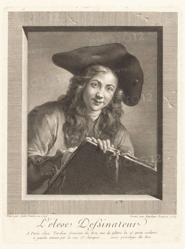 L'éleve Dessinateur, Drawing young man, print, printmaker: Angélique Bregeon, after painting by Carle van Loo, publisher: Tardieu, Paris, grantor of privilege: Louis XV of France, 1764, Angélique Bregeon, Carle van Loo, Tardieu, Louis printmaker, after painting by, publisher, provider of privilege, paper, engraving, stipple engraving, height 265 mm x width 201 mm, drawing-lesson, artist at work, in his workshop, draftsman at work, A monochrome engraved portrait of a young person with long wavy hair wearing a large, slouchy hat and a loose garment, shown from the chest up inside a framed rectangle; the figure looks toward the viewer with a slight smile while holding a large flat surface or board tied with ribbons, and the engraving shows fine linework and crosshatching throughout the background, the clothing, the hat, and the hair.