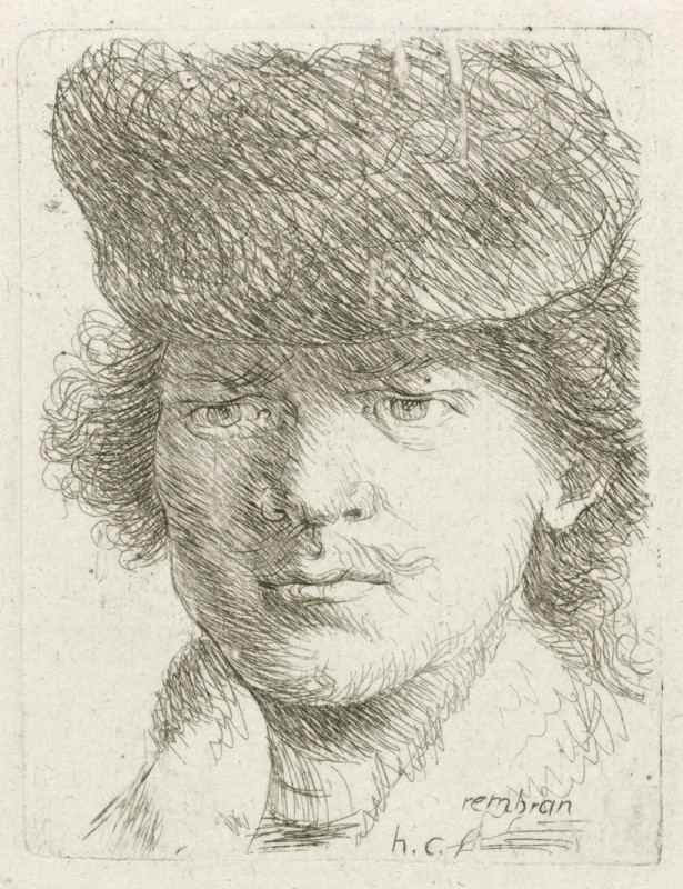 Portrait of Rembrandt with top cap, print, printmaker: Honoré Coussin, France, after design by Rembrandt van Rijn, 1708 - 1779, paper, etching, height 90 mm x width 68 mm, Person, historical persons, portrait, self-portrait of artist, head-gear: cap (men's clothes), A close-up etched portrait of a man wearing a large fur or textured hat, showing his face from the forehead down past the chin. The left side of his face is in shadow with dense cross-hatching, while the right side is lighter with finer lines. He has curly hair visible at the sides beneath the hat, a mustache, and a short beard along the jaw. His eyes are directed slightly toward the viewer, with detailed lines around the eyelids and brows. The image is monochrome on a textured paper background with visible etched linework throughout.