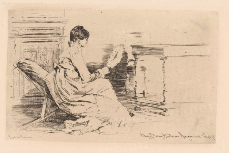 Woman with fan in low chair, print, watermark, printmaker: attributed to Jules Ferdinand Jacquemart, France, printer (person): Chardon ainé, Paris, publisher: Etienne Prosper Berne-Bellecour, 1875, printer (person), Attributed to, paper, etching, drypoint, intaglio printmaking technique, height 148 mm x width 229 mm, A seated woman in a long dress is shown in profile, facing right, with her hair pulled up and one arm extended holding a round handheld object with a textured edge. She sits on a slanted chair with a cushioned back, and folds of fabric cascade around her. Behind and to the right of her are linear architectural elements including a horizontal surface and vertical supports, rendered with fine hatch marks. The image is composed of delicate ink lines on a light, slightly textured background with areas of crosshatching and sparse shading.