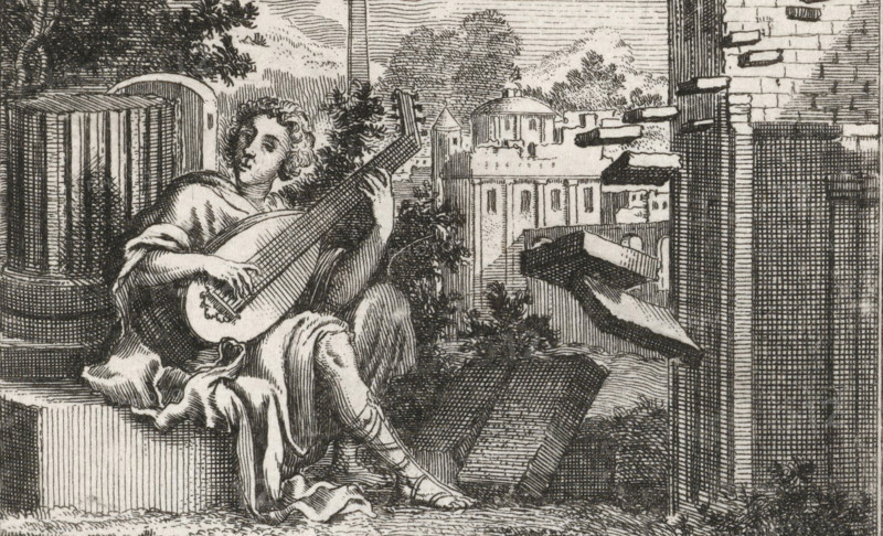 Amphion, playing a lute near the walls of Thebes, print, book illustration, printmaker: Jan Luyken, Amsterdam, after print by François Chauveau, publisher: Willem Goeree, 1681, François Chauveau, after print by, paper, etching, height 62 mm x width 83 mm, Illustration included in: Goeree, Wilhelmus. General architecture, 1681. Copy of the same side after a print by François Chauveau, included in: Metamorphoses d'Ovide en rondeau par M. de Benserade. Paris, 1676., (story of) Amphion and Zethus, A person with curly hair sits on a stone ledge holding a lute, one hand on the instrument's neck and the other near the strings; the person wears draped clothing with visible folds and patterned stockings on crossed legs. Behind them are architectural elements including a round column, a curved doorway, and a low wall, while to the right there are staggered brick ledges and a tall textured wall. In the background there are trees and distant buildings with turreted and domed roofs, and plants and ...