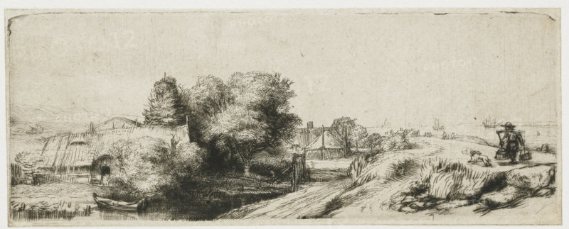 Landscape with a Fisherman ('The Milkman'), View of the Diemerdijk with a milkman and cottages, print, inscription: 't', printmaker: Rembrandt van Rijn, c. 1650, paper, etching, drypoint, intaglio printmaking technique, etching and drypoint with light plate tone, height 65 mm x width 174 mm, A wide monochrome landscape etching showing a riverside scene with dense trees and shrubs clustered near the center and left, a thatched building partially visible behind foliage on the left, and a small boat pulled up at the water's edge. A narrow winding path or embankment runs from right toward the middle ground, bordered by tufts of grass and low vegetation. In the distance on the right, faint outlines of ships and masts appear on the horizon. On the far right foreground, a figure wearing a broad hat carries two buckets suspended from a shoulder pole and stands near a dog or small animal. The overall image has fine crosshatching and delicate linear textures throughout.