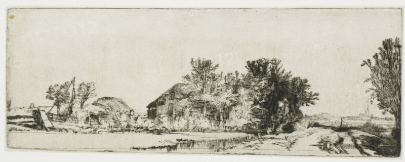 View of the Huis Te Vraag Inn on the Sloterweg, Landscape with a farmhouse along a road beside a canal, print, printmaker: Rembrandt van Rijn, c. 1652, paper, Japanese paper (handmade paper), drypoint, intaglio printmaking technique, printed with light plate tone on Japanese paper, height 78 mm x width 209 mm, A horizontal etching shows a riverside scene with a thatched building partially obscured by dense trees and shrubs along the bank, reflected faintly in the water in the foreground. To the left of the building there are smaller trees and a small sailboat moored near a simple wooden structure, while to the right a dirt path runs beside the water and leads toward a distant low horizon with a cluster of faint buildings and a tall spire. The sky above is mostly empty and the image is rendered in fine dark lines and hatching on a light background.