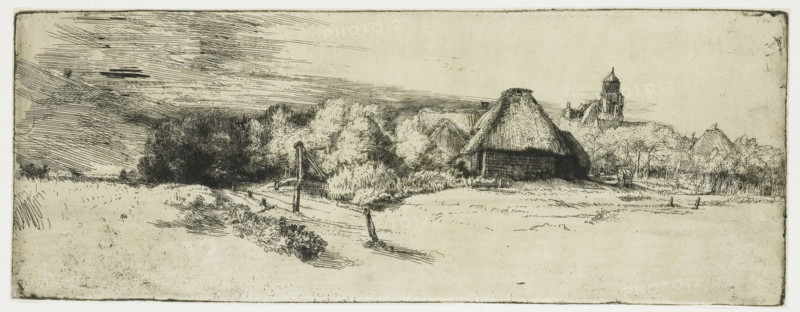 Landscape with a farm building and the 'house with the tower', print, printmaker: Rembrandt van Rijn, c. 1650, paper, Japanese paper (handmade paper), etching, drypoint, intaglio printmaking technique, etching and drypoint, printed with light plate tone on Japanese paper, height 121 mm x width 318 mm, Exhibitions, Shown in exhibition, Masterpieces on paper: Light and Darkness, A wide landscape etching shows a rural scene with a thatched barn set among trees and bushes, with the barn’s dark textured walls contrasting its lighter sloping roof. To the right, beyond a line of trees, a tall building with a domed tower rises above the foliage. In the middle ground a simple path or road runs past wooden posts and a vertical wooden structure with a crossbar, bordered by grassy and shrubby vegetation. The left side features dense, dark clumps of trees and a sky rendered with horizontal, hatched lines, while the foreground is an open, lightly marked field with scattered low marks and subtle text...