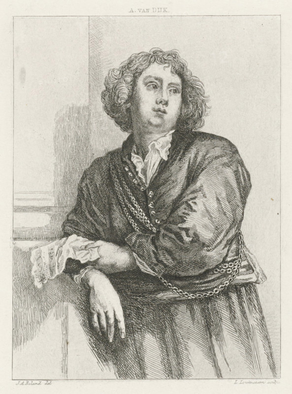 Portrait of Henricus Liberti, print, leaning against the wall, with sheet music in his hand., printmaker: Leopold Löwenstam, after drawing by Johannes Arnoldus Boland, after painting by Anthony van Dyck, 1852 - 1898, paper, etching, height 161 mm x width 120 mm, Person, Henricus Liberti, male sex, man, notation of music, A monochrome etching of a person shown from the waist up, turned slightly to one side, with curled hair framing the face and a contemplative expression, wearing a dark, textured garment with a ruffled collar and decorative buttons and chains across the chest and waist, one arm resting on a ledge with a hand draped over the edge and the other arm bent at the elbow, a folded cloth held near the resting arm, and a simple background with vertical shading and rectangular architectural lines.