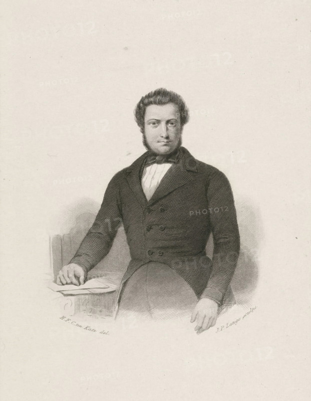 JJL ten Kate, Portrait of Jan Jacob Lodewijk ten Kate, print, Half-length frontal portrait of Jan Jacob Lodewijk ten Kate, poet and Reformed minister in Amsterdam. He rests his right hand on a table; a letter lies beneath his hand., printmaker: Johannes Philippus Lange, after drawing by Herman Frederik Carel ten Kate, 1832 - 1849, paper, chine collé, steel engraving, blind-stamped, height 210 mm x width 135 mm, Print included in: Nederlandsche muzen-almanak. Amsterdam: JH Laarman, 1845., Person, Jan Jakob Lodewijk ten Kate, A black and white engraved portrait of a seated man shown from the waist up, wearing a dark double-breasted coat with a high collar and a light shirt beneath, a bow at his neck, his hair combed back and sideburns visible, one hand resting on a surface beside folded papers and the other hand relaxed on his knee, the chair back faintly suggested behind him and a blank textured background surrounding the figure.
