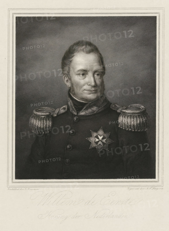 Portrait of William I Frederick, King of the Netherlands, William the First, print, Portrait bust of William I Frederick, bareheaded and clad in a uniform with a star of honor., printmaker: Johannes Philippus Lange, after painting by Cornelis Kruseman, 1835, paper, steel engraving, proof print, height 372 mm x width 280 mm, Person, William I of the Netherlands, A grayscale engraved portrait of a man shown from the chest up, wearing a dark military coat with large braided epaulettes on the shoulders and a decorative star-shaped medal pinned to his chest, his coat fastened with a row of round buttons and a high collar with a patterned scarf or cravat tucked inside, his hair combed back and sideburns visible, his face turned slightly to one side with a neutral expression, set against a textured shaded background and framed by a rectangular border.