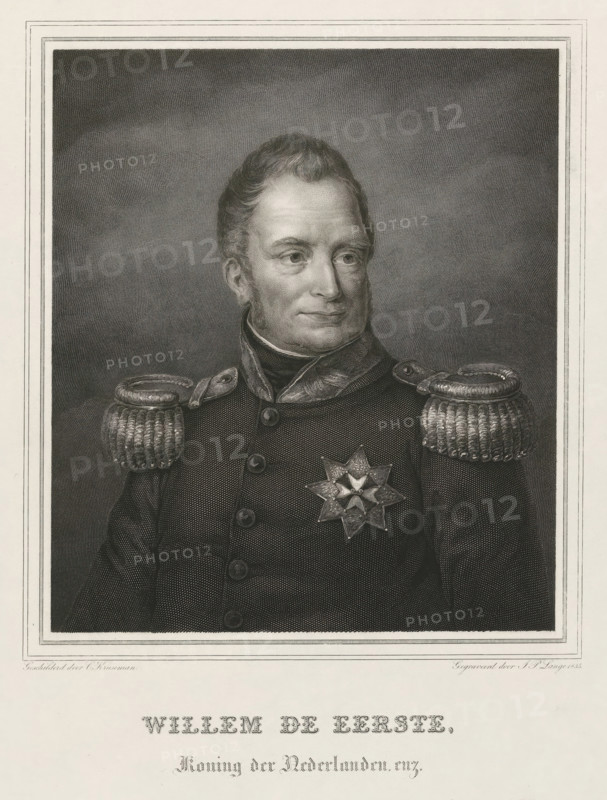 Portrait of William I Frederick, King of the Netherlands, William the First, etc., print, Portrait bust of William I Frederick, bareheaded and clad in a uniform with a star of honor., printmaker: Johannes Philippus Lange, after painting by Cornelis Kruseman, printer (person): JF Brugman, publisher: L. van der Vinne, Amsterdam, 1835, printer (person), paper, steel engraving, proof print, height 372 mm x width 280 mm, Person, William I of the Netherlands, A black and white engraved portrait of a man shown from the chest up wearing a dark military uniform with decorative braided shoulder epaulettes and a high collar, his face turned slightly to his left with short waved hair and sideburns, a multi-pointed star-shaped medal pinned to his chest, a textured shaded background framed by a double-lined border, and a wide blank margin beneath the portrait.