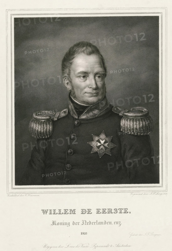 William I, King of the Netherlands, etc., Portrait of William I Frederick, print, Portrait bust of William I Frederick, bareheaded and clad in a uniform with an order star., inscription: 'This portrait ... November 1835', : 'Presented to the Municipal Government of the city of Amsterdam, by the undersigned, as publisher, in compliance with Art. 6 of the law of 25 Jan, 1817., Amsterdam, 29 November 1835, L. van der Vinne, This portrait was printed by the undersigned. Amsterdam. e November 1835, JF Brugman', printmaker: Johannes Philippus Lange, after painting by Cornelis Kruseman, printer (person): JF Brugman, publisher: L. van der Vinne, 1835, printer (person), paper, steel engraving, proof print, height 374 mm x width 282 mm, Person, William I of the Netherlands, A black and white engraved portrait of a man shown from the chest up, wearing a dark military coat with a high collar and decorative shoulder epaulettes, a star-shaped medal pinned to his chest, short neatly combed hair and s...