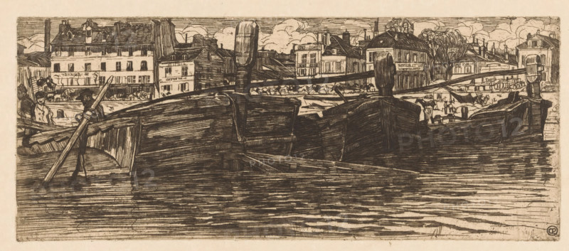 Barges in the Seine in Paris, print, Houses in the background. In front of the houses several horses, some of which are harnessed to a carriage., printmaker: Pieter Dupont, Paris, 1896, paper, zinc etching, intaglio printmaking technique, height 135 mm x width 328 mm, ships (in general), city-view, and landscape with man-made constructions, Seine, A monochrome etching shows several boats in the foreground floating on textured water with visible wood grain and planks, with oars resting across the boats and rounded sterns and bows; behind the boats a quay with low walls separates the water from a row of multi-story buildings featuring pitched roofs, chimneys, dormer windows, and multiple facades, and people are visible along the quay and near the boats, some standing and some clustered, with simple clothing and hats; trees with bare branches and clouded sky appear above and behind the buildings, and a tall vertical post or piling rises between the boats and the buildings.