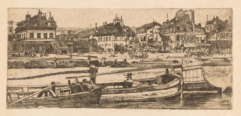 Barges in the Seine in Paris, print, Houses in the background. In front of the houses several horses, some of which are harnessed to a carriage., workshop stamp: 'ATELIER P. DUPONT', printmaker: Pieter Dupont, Paris, 1896, paper, zinc etching, intaglio printmaking technique, height 125 mm x width 278 mm, ships (in general), city-view, and landscape with man-made constructions, Seine, A horizontal sepia-toned etching depicting a waterfront scene with several wooden boats moored in the foreground, showing curved hulls, oars, and simple fittings; behind the boats a quay with pilings and low barriers separates the water from a busy dock area where small groups of people stand and carts and stacked goods are visible; the middle ground contains a row of buildings with varied rooflines, chimneys, windows, awnings, and timber or siding details, including some lower shed-like structures and taller multi-story houses; further back the skyline of pitched roofs and more chimneys rises against a pa...