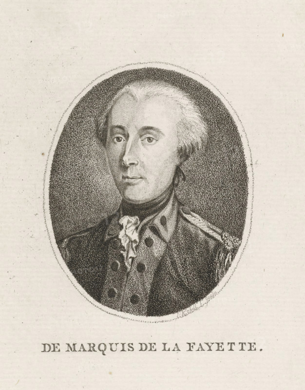 The Marquis de la Fayette, Portrait of Gilbert du Motier, Marquis de la Fayette, print, Portrait bust in oval of Marie Joseph Paul Yves Roch Gilbert Motier, Marquis de La Fayette., printmaker: Jan Kobell (I), Gouda, 1766 - 1833, paper, stipple engraving, etching, stipple engraving and etching, proof print, height 174 mm x width 147 mm, Person, Gilbert du Motier (Marquis de La Fayette), An oval portrait rendered in fine dot shading shows a light-skinned man from the chest up wearing a high-collared coat with decorative buttons and epaulettes, a ruffled cravat at his throat, and short, swept-back hair; the oval is surrounded by a textured dark background and set against a light, paper-like field.