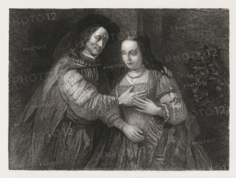 Portrait of a couple as Old Testament figures, named 'The Jewish Bride', print, Portrait of a couple as Isaac and Rebekah or other Old Testament figures, known by the title 'The Jewish Bride' or 'The Jewish Bride'. The couple is portrayed standing, knee-deep, in front of a wall., printmaker: Christiaan Lodewijk van Kesteren, Amsterdam, after painting by Rembrandt van Rijn, 1861, paper, chine collé, etching, engraving on chine collé, height 215 mm x width 301 mm, This print was used as an illustration in: Christiaan Lodewijk van Kesteren and Willem Jacob Hofdijk. Museum Van der Hoop: 12 steel engravings after the most outstanding and important paintings. Amsterdam: Wed. JC van Kesteren & Zoon. 1861. Bride and groom in wedding dress., A grayscale engraving showing two figures close together against a dark textured background, the figure on the left wearing a broad hat and a cloak with long hair visible, their hand resting on the chest of the figure on the right; the right figure has long...