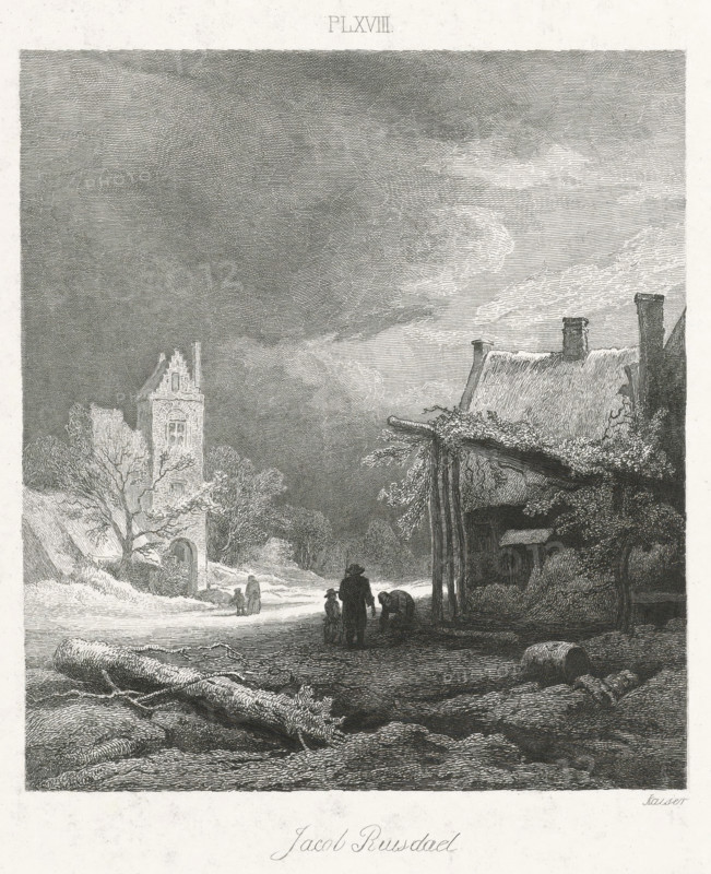Dutch Masters, Winter landscape with tower, print, Series number, 18, 25, A winter landscape with three figures and part of a house in the foreground. In the background, two figures near a tower. The print is part of a series of 25 prints after Dutch Masters. Above the image: PL XVIII., printmaker: Johann Wilhelm Kaiser (I), after painting by Jacob Isaacksz van Ruisdael, 1823 - 1900, paper, chine collé, etching, height 0 mm x width 0 mm, landscape with tower or castle, A monochrome engraving shows a rural scene with a wide sky filled with textured clouds above a landscape. On the left a tall stone tower stands near leafless trees and a small arched doorway at its base. A thatched roof building with chimneys and an open wooden lean-to occupies the right foreground, its roofline covered in vegetation. In the center foreground several human figures gather on a dirt path, one bending over and others standing nearby, with a smaller pair further back near the tower. Fallen logs and rough gro...