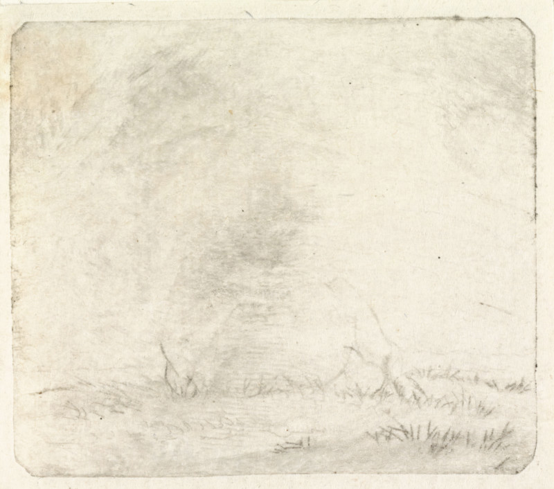 Lying cow, from the front, print, Faint print., printmaker: Pieter Janson, 1780 - 1851, inorganic material, paper, chalk, etching, etching and chalk in grey, height 46 mm x width 53 mm, cow, A rectangular sheet with rounded corners showing a worn, off-white surface with gray smudges and faint pencil or charcoal marks, subtle shading creating a vertical darker band near the center, faint scribbled lines and small clustered strokes toward the lower area resembling tufts, and slightly darker edging along the borders with small specks and irregular spots across the surface.