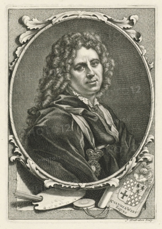 Portrait of Adriaen van der Werff, print, book illustration, printmaker: Jacob Houbraken, Amsterdam, 1721, paper, engraving, height 156 mm x width 109 mm, Print also used in: Arnold Houbraken. De groote Schouburgh der Nederlantsche konstschilders en schilderessen : waar van 'er vele met hunne beeltenissen ten toneeleel verschonen, ... zigende een vervolg op het Schilderboek van K. van Mander. 3 vols. First edition. Amsterdam: 1718-1721., Person, Adriaen van der Werff, An engraved oval portrait of a person with long curled hair and a ruffled collar, shown from the torso up and turned slightly to one side, wearing a draped garment with a decorative clasp and a sash; the oval is set within an ornate carved frame with scrolling leaf motifs, and below the portrait are artist tools including a palette, brushes, and a circular object, alongside a shield-like panel with patterned sections; the background behind the figure is densely hatched crosshatching and the whole image is rendered in fine...