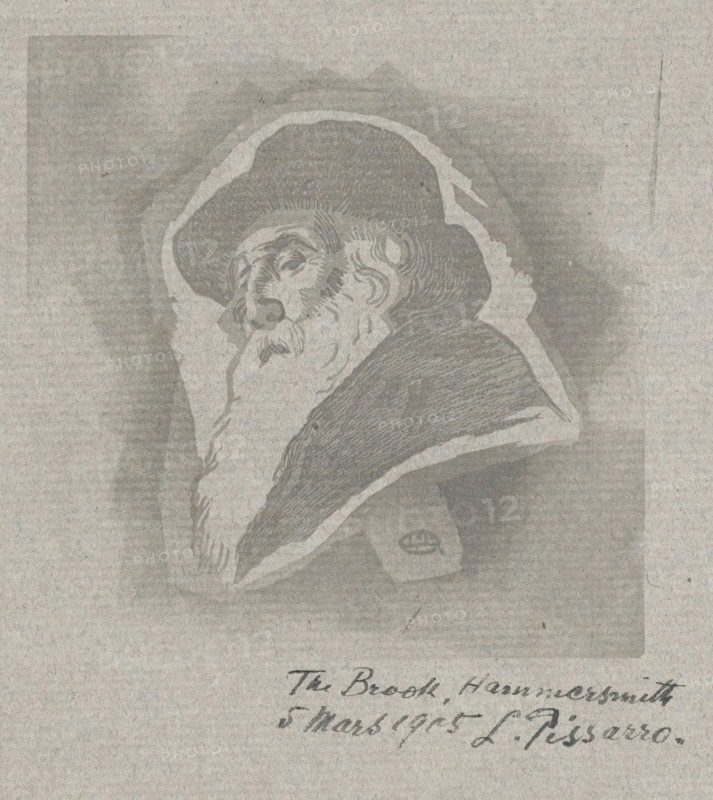 Portrait of Camille Pissarro, print, Portrait of the artist Camille Pissarro with hat., inscription: 'The Brook, Hammersmith 5 Mars 1905 L. Pissarro', printmaker: Lucien Pissarro, England, Hammersmith, 1905-03-05, printer (person), London, paper, wood engraving, color printing, wood engraving printed from two blocks in black and grey, on grey cartridge paper, height 89 mm x width 89 mm, Person, Camille Jacob Pissarro, portrait, self-portrait of artist, A grayscale sketch of an elderly man in profile wearing a wide-brimmed hat and a heavy coat with a high collar, showing a long beard and detailed facial lines and hair strokes, set against a textured paper background with faint rectangular borders and a lighter halo around the figure.
