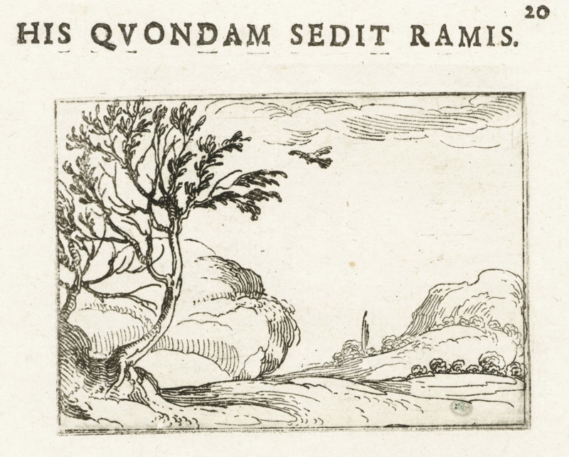 Dove in the desert, His quondam sedit ramis, Life of Mary in Emblems, print, cognizance, Series number, 20, 26, Representation of a dove flying over a barren and desolate landscape towards a tree. Above and below this print are Latin and French texts in letterpress. This sheet is part of the emblem series 'Life of Mary in Emblems'. The first state of this series comprises, besides a title page and 26 emblems, also three sheets with hymns to Mary in letterpress without illustration., printmaker: Jacques Callot, Nancy, publisher: Anthoine Charlot, France, 1625 - 1629, paper, etching, letterpress printing, etching and letterpress, height 58 mm x width 82 mm, height 147 mm x width 123 mm, other birds: dove, desert, A rectangular black ink illustration shows a landscape with a large tree on the left whose trunk and branches are drawn with fine lines and leafy clusters, rounded cloudlike rock or foliage forms behind and below the tree, a small bird in flight near the top center, a curved sho...