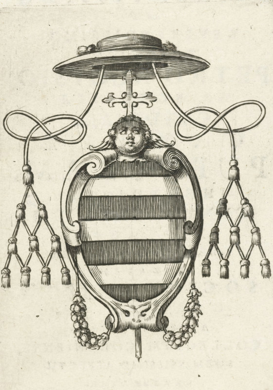 Coat of arms of Cardinal Petrus Aloysius Carafa, print, book illustration, Coat of arms of Cardinal Petrus Aloysius Carafa in the service of the College of the Diocese of Cologne. On verso a text in letterpress glorifying the cardinal., printmaker: Cornelis van Dalen (I), Amsterdam, printer (person): Lowijs Elzevier (III), publisher: Jost Kalckhoven, Cologne, 1645 - 1646, printer (person), North Rhine-Westphalia, paper, engraving, height 95 mm x width 64 mm, Leaf from: Jacobus Balde, Lyricorum libri IV, Cologne 1645 or 1646, insignia of cardinal, e.g. hat, mantle, A detailed black and white engraving shows an ornate shield with horizontal bands held within a carved frame, topped by a small sculpted cherubic head with stylized hair and wings at the sides, a horizontal brimmed hat above supported by curved cords that loop into decorative knots and end in tassel clusters, and a cross-shaped finial rising behind the cherub; garlands of beads hang from the lower ends of the frame and tassel...
