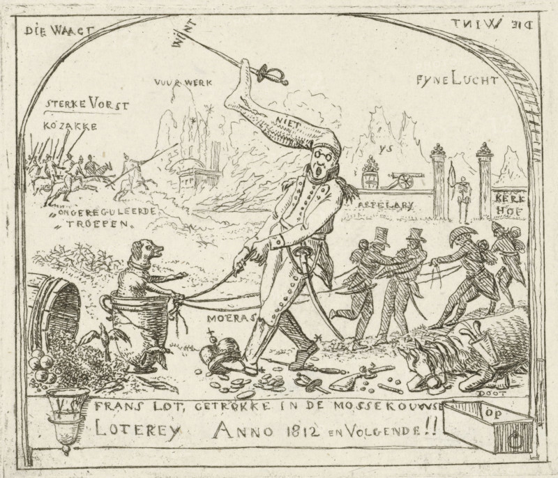 Napoleon pulls a dog in a goblet through the swamp, Caricatures of the defeats of the French in 1813, cartoon, print, historical print, Napoleon, with a sock on his head, pulls a dog sitting in a goblet through the swamp. French soldiers help him. In the background the French troops being defeated by the Cossacks, the fireworks, and a cemetery portal with a skeleton of a French soldier. Below the text: French lot, drawn in the Muscovite Lottery anno 1812 and following!, printmaker: Hermanus Fock, Amsterdam, 1813, paper, etching, height 87 mm x width 103 mm, Person, Napoleon I (Emperor of the French), Russian Campaign, Period, 1812, A pen-and-ink scene shows a central standing man in a long coat with buttons and a sash, wearing round spectacles and a tall pointed hat that trails backward and ends with a sword through its tip; he holds ropes leading to figures at the right who appear to be pulling, and a fallen person lies on the ground near scattered objects and a small cannon. In the l...