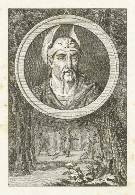 Medal with portrait of Brinno, print, Head of Brinno in medal. In the background a forest with figures, one of whom lies dead on the ground., printmaker: Simon Fokke, Amsterdam, 1722 - 1784, paper, etching, height 167 mm x width 114 mm, Person, Brinno, historical person (with NAME), Batavian Revolt, Period, 69 - 70, A monochrome engraving shows a circular medallion containing a bust of a bearded man wearing a horned cap and a draped garment, his face detailed with furrowed brows and a long mustache and goatee; the medallion is set against a darker textured background and framed by a double ring. Surrounding the medallion are tall tree trunks with detailed bark on either side, and below the medallion a stage-like scene depicts small figures in dynamic poses, some holding staffs or weapons, with a fallen figure on the ground and foliage in the foreground.