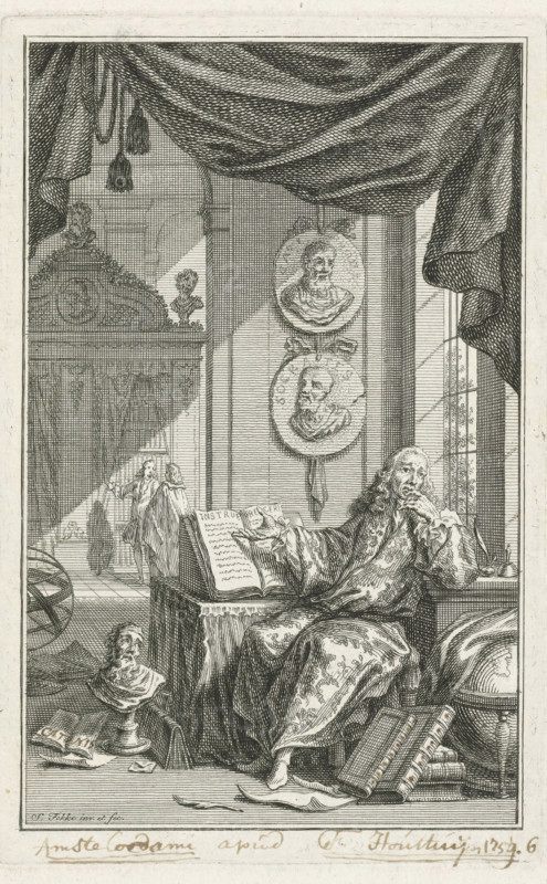 Scholar in study, print, A scholar sits behind a desk in a study and points to an open book. Above his desk hang two medallions with the likenesses of philosophers from Antiquity. On the floor around his desk lie papers and books, and stand a portrait bust and a globe., inscription, number: '6', printmaker: Simon Fokke, Amsterdam, after design by, publisher: Frans Houttuyn, 1759, paper, etching, proof print, height 160 mm x width 103 mm, study, 'studiolo', library, scholar in his study, A detailed etching shows an interior scene with a seated man in flowing patterned robes resting his head on one hand while the other hand gestures toward an open book on a draped table beside him; the table holds writing implements and another book, and piles of bound volumes lie on the floor nearby. The room features heavy drapery hanging from the ceiling with tassels, a large window with panes and a view of architectural elements beyond, and two round medallion portraits suspended on the wall. Decorat...