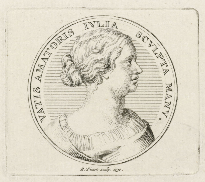 Medallion with the portrait of Julia, print, Medallion with the portrait of Julia. She was the first great love of the writer Janus Secundus, about whom he wrote a love elegy., printmaker: Bernard Picart, Amsterdam, 1730, paper, etching, engraving, etching and engraving, height 54 mm x width 62 mm, historical persons, medal (considered as a piece of sculpture, regardless of its specific function), A circular engraved portrait of a person in profile facing right, shown from the shoulders up within a double-lined border, with hair styled in a low bun and wavy strands, finely stippled facial shading, a rounded forehead and pronounced nose, wearing a draped garment with visible folds and cross-hatched shading, a background filled with closely spaced horizontal lines, and the image set on a lightly textured rectangular sheet with a faint outer border.