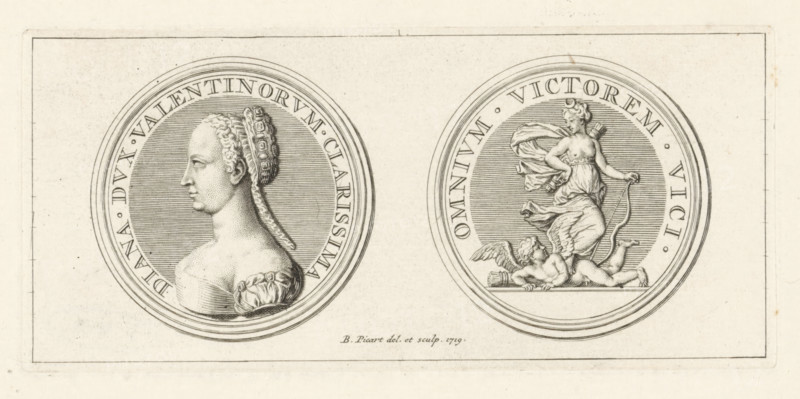 Coin with the portrait of Diane de Poitiers, print, Medal with the portrait of Diane de Poitiers, Countess of Saint Vallier. On the other side the goddess Diana trampling Cupid., printmaker: Bernard Picart, Amsterdam, 1719, paper, etching, engraving, etching and engraving, height 62 mm x width 138 mm, Person, Diana of Poitiers, (story of) Diana (Artemis), medal (considered as a piece of sculpture, regardless of its specific function), punishment of Cupid, A beige rectangular sheet with a thin double-lined border contains two large circular framed medallion designs side by side, each set against a finely lined round background. The left medallion shows a profile bust of a woman facing left with detailed hair pulled back and adorned with a textured headband, a bare shoulder with a draped garment, and finely stippled shading on the skin. The right medallion depicts a draped female figure stepping forward with flowing cloth around her torso and arm, holding a curved object while a small wi...