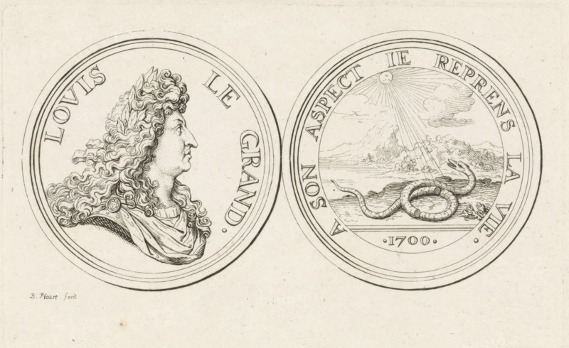 Medal with the portrait of Louis XIV (large variant), print, King of France. On the reverse side an emblematic representation of his reign: a snake, with a broken body, is illuminated by sunbeams., number: 'Illegible (partially cut off) number.', printmaker: Bernard Picart, Paris, 1700 - 1733, paper, etching, engraving, height 95 mm x width 150 mm, Person, Louis XIV (King of France), snakes, medal (considered as a piece of sculpture, regardless of its specific function), sun as celestial body, Two circular medallion designs appear on a light background, placed side by side. The left medallion shows a detailed profile of a person facing right with long, curly hair and draped clothing, surrounded by a double ring border. The right medallion depicts a landscape scene framed by a double ring border, featuring a coiled snake in the foreground on a shoreline, rays of light descending from a sun near the top, clouds and distant mountains, and a horizontal band below the scene. Both medallions...
