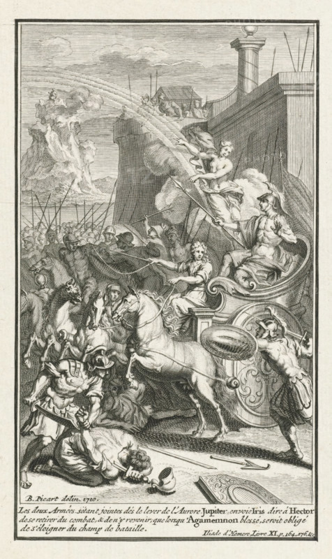 Jupiter sends Iris to Hector, print, book illustration, Jupiter sends the goddess Iris, descending from her rainbow, to Hector. She conveys his message to withdraw from the battle. In the margin a caption in French., printmaker: workshop of Bernard Picart, Amsterdam, 1710, paper, etching, engraving, etching and engraving, height 187 mm x width 125 mm, Print used as illustration in: Homer. L'Iliade. Translated into French by Anne Dacier. Amsterdam: sine nomen, 1712., the Greek captains are wounded, A detailed black and white engraved scene shows a classical chariot pulled by rearing horses at the center right, with a partially draped figure seated in the chariot holding a spear and a standing figure beside them gesturing outward. Soldiers in helmets and armor crowd the left and center foreground, some on horseback and some fallen on the ground, with spears and shields visible among them. Above the chariot, a nearly nude winged figure hovers on a cloud with flowing drapery, pointing towa...