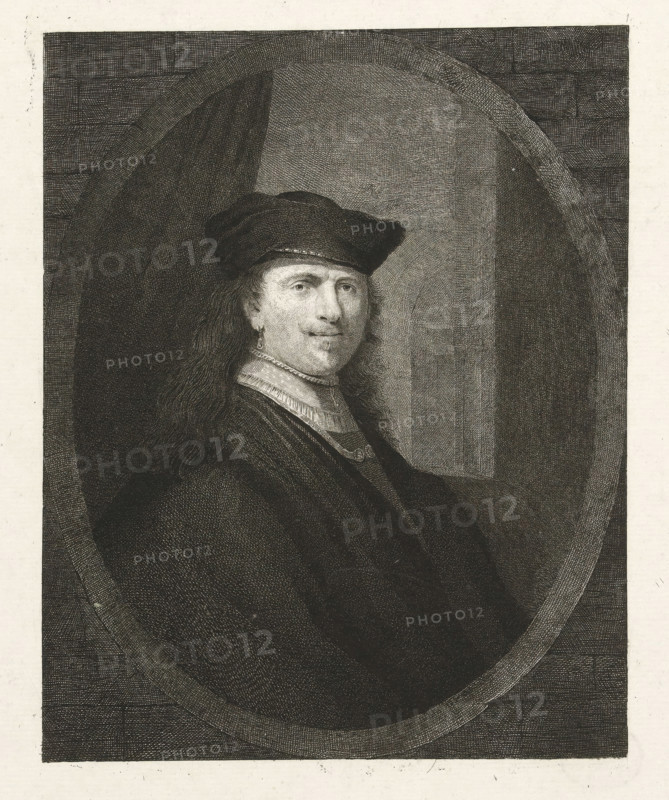 Portrait of Rembrandt van Rijn, print, Portrait in oval of Rembrandt van Rijn. Half-length, facing right. Rembrandt is clad in a cloak and wears a headdress., printmaker: Johannes Pieter de Frey, after painting by Rembrandt van Rijn (attributed to workshop of), after drawing by Laurent Dabos, 1780 - 1834, Attributed to, paper, etching, proof print, height 430 mm x width 329 mm, Print after a painting attributed to the studio or circle of Rembrandt., Person, portrait, self-portrait of artist, A black and white engraved portrait of a person shown from the chest up inside an oval frame, wearing a dark hat with a rounded brim and long wavy hair falling past the shoulders, a light ruffled collar at the neck, a dark coat with visible buttons, and a small earring; the face shows a neutral expression with detailed shading around the eyes, nose, and mouth, the background behind the oval includes crosshatched textures and a suggestion of a vertical architectural element.