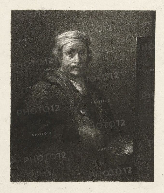 Portrait of Rembrandt van Rijn, print, Portrait of Rembrandt van Rijn standing before his easel. Waist-length, facing right. On his head a flat hat, in his hands a palette with brushes and a stick., number: '4', printmaker: Johannes Pieter de Frey, after painting by Rembrandt van Rijn, 1780 - 1834, paper, etching, proof print, height 428 mm x width 302 mm, Print after a self-portrait by Rembrandt van Rijn, present in the collection of the Musée du Louvre in Paris., Person, portrait, self-portrait of artist, A monochrome engraving of an older man shown from the waist up against a dark textured background, wearing a soft cap and a heavy fur-lined cloak, his face lit to reveal detailed features and a contemplative expression, one hand resting at his waist and the other holding an open book, the image framed by a lighter margin.