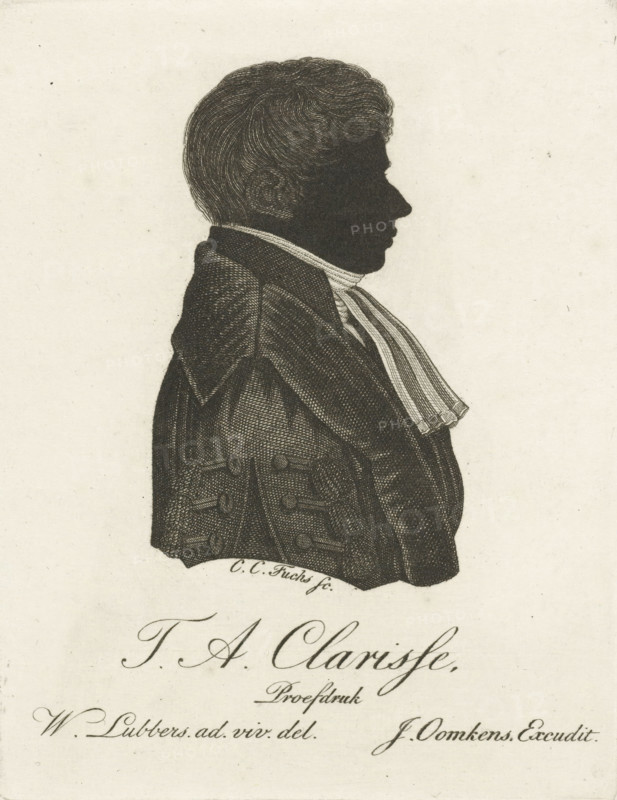 Silhouette portrait of Theodorus Adrianus Clarisse, print, bust facing right., printmaker: Karel Christiaan Fuchs, unknown, after drawing by Wessel Lubbers, publisher: Jan Oomkens, Groningen (city), 1808 - 1844, paper, etching, proof print, height 110 mm x width 86 mm, Person, Theodorus Adrianus Clarisse (II), A dark silhouette profile of a man facing right rendered in fine crosshatch lines, showing short textured hair, a distinct ear, a prominent nose and lips, and a high collar with a striped cravat; he wears a double-breasted coat with visible buttons and detailed fabric shading, all set against a pale, slightly textured background.